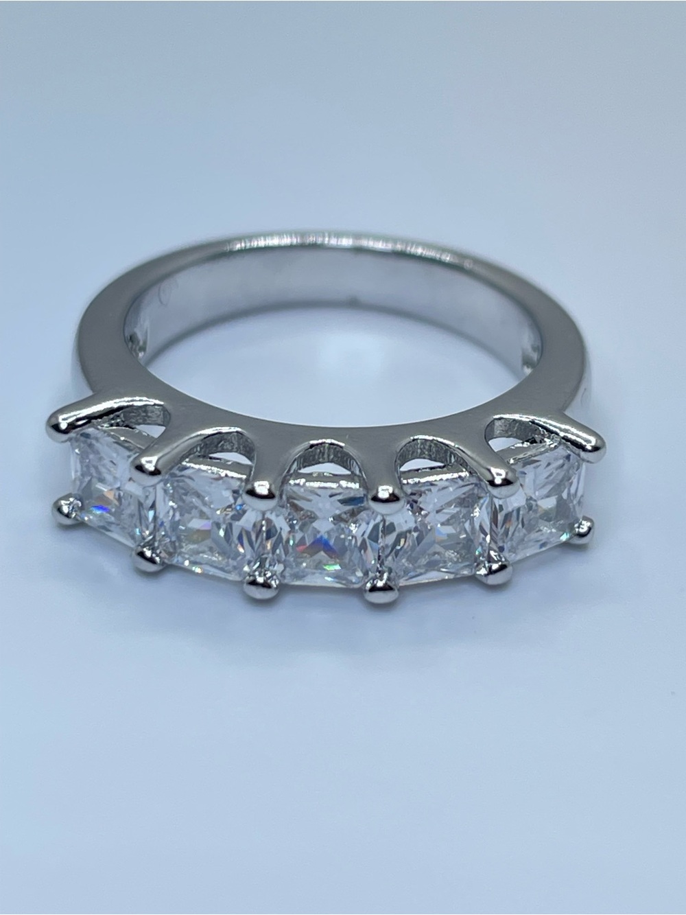 Silver Diamond White Princess Cut CZ 5 Stone Eternity Band Ring Stacking